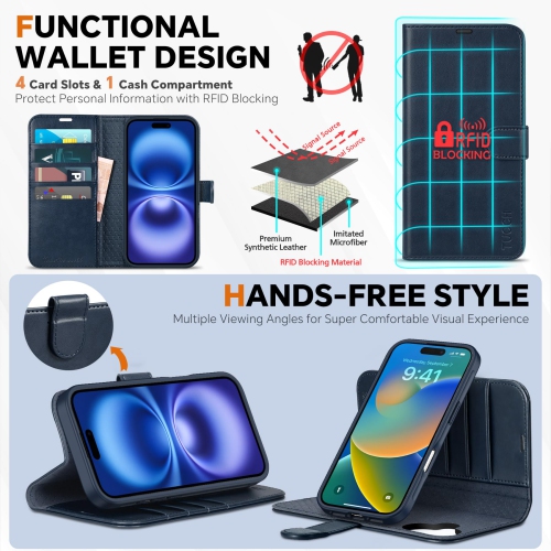 Wallet Case for iPhone 16 6.1", PU Leather Magnetic Detachable Shockproof Case Wireless Charge 4 Card Holder Kickstand Folio Cover Compatible with