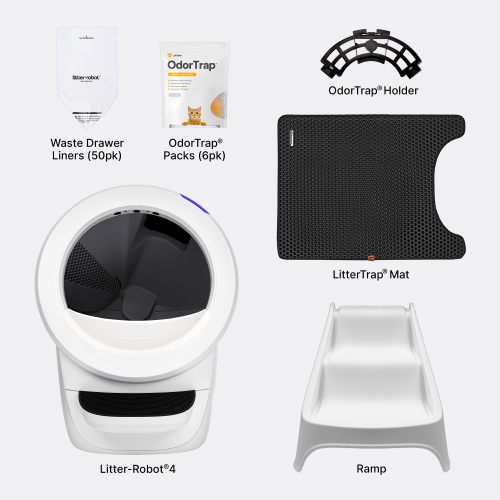Litière Robot 4 Complete Bundle de Whisker, blanc - Boîte à litière autonettoyante automatique pour chats, comprend 1 an d'abonnement à WhiskerCare
