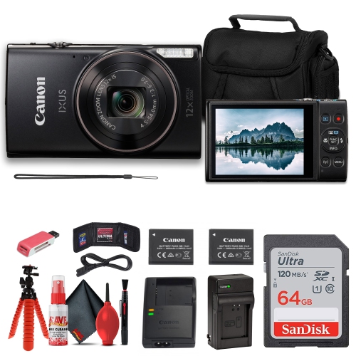 Canon PowerShot IXUS 285 HS 12X Optical Zoom Digital Camera + NB11L Battery + 64GB Memory Card + Case + Charger + Card Reader + Flex Tripod + Cleanin