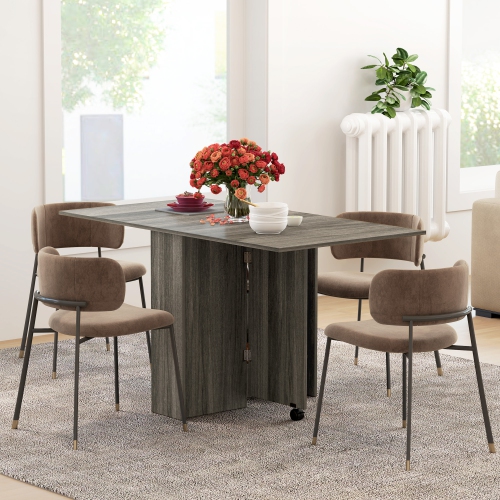 Table pliante de HOMCOM, table à abattant pour petits espaces avec 2 tablettes, petite table de cuisine avec roulettes, grain de bois gris