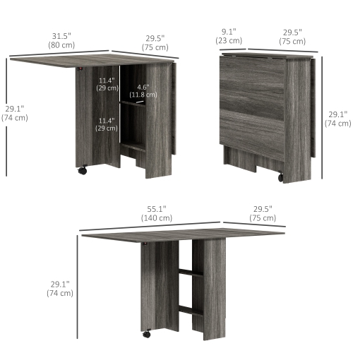 Table pliante de HOMCOM, table à abattant pour petits espaces avec 2 tablettes, petite table de cuisine avec roulettes, grain de bois gris