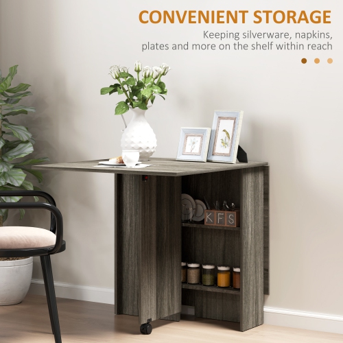 Table pliante de HOMCOM, table à abattant pour petits espaces avec 2 tablettes, petite table de cuisine avec roulettes, grain de bois gris