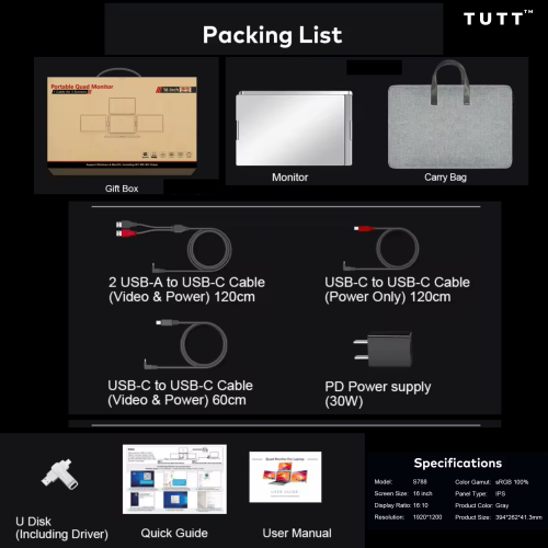 TUTT 16” Quad Screen Extender | Single Cable Setup | 16:10 IPS | Stand-Alone Portable Monitor For Laptop Mac & Windows S788