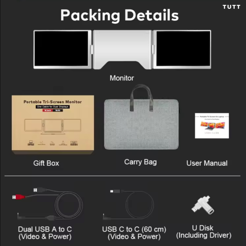 Moniteur portatif à deux écrans de 16&nbsp;po TUTT pour portable | Connexion par câble simple | IPS à rapport de forme 16:10, design autonome |
