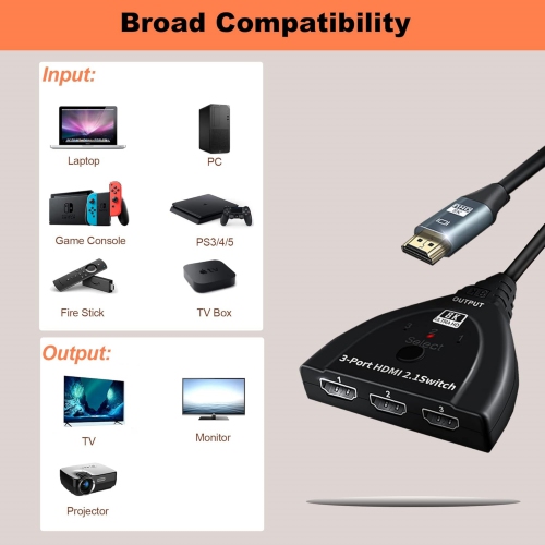 HDMI 2.1 Switch, WrixWric 8K HDMI Switch Splitter 3x1, HDMI Switcher Selector 3 in 1 Out with Pigtail HDMI Cable, Support 4K@120Hz, 8K@60Hz, Ultra HD