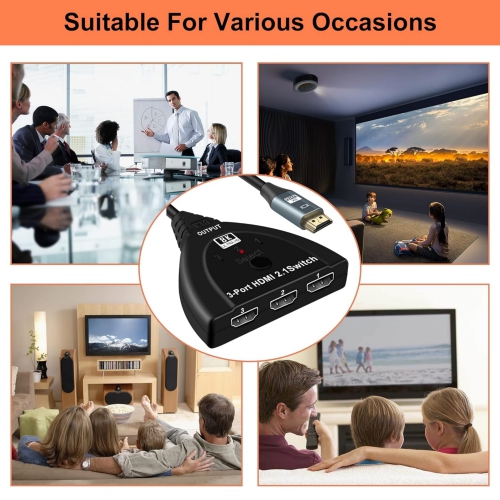 HDMI 2.1 Switch, WrixWric 8K HDMI Switch Splitter 3x1, HDMI Switcher Selector 3 in 1 Out with Pigtail HDMI Cable, Support 4K@120Hz, 8K@60Hz, Ultra HD