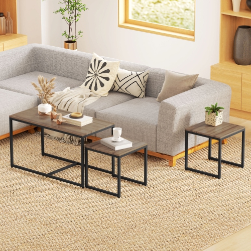 HOMCOM Nesting Coffee Table Set of 3, Modern End Tables with Black Metal Frame for Living Room Home Furniture, Brown Wood Grain
