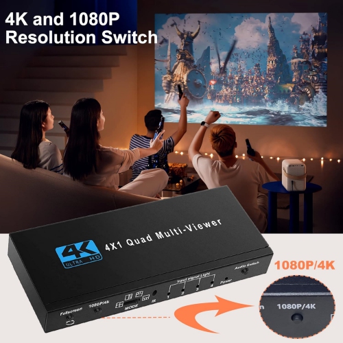 HDMI Quad Multi-Viewer Seamless Switcher 4 in 1 Out with IR Remote, Support 4K 30Hz, 5 Display Modes for Security Camera, Monitor, Gaming Consoles