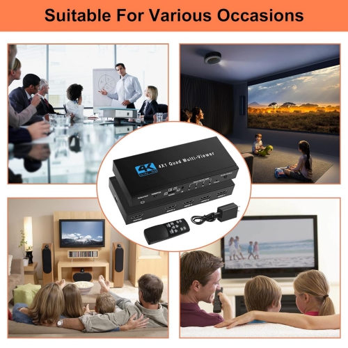 HDMI Quad Multi-Viewer Seamless Switcher 4 in 1 Out with IR Remote, Support 4K 30Hz, 5 Display Modes for Security Camera, Monitor, Gaming Consoles