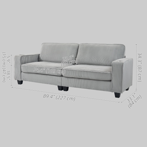 HOMCOM Modern 3 Seater Sofa with Spring Cushion, 90" Upholstered Corduroy Couch with Cup Holders for Living Room, Bedroom, Home Office, Light Grey