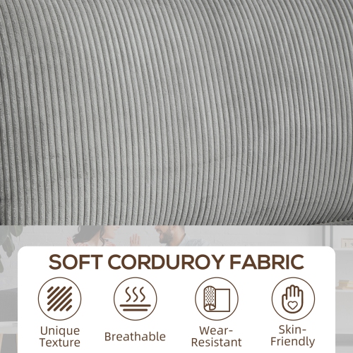 HOMCOM Modern 3 Seater Sofa with Spring Cushion, 90" Upholstered Corduroy Couch with Cup Holders for Living Room, Bedroom, Home Office, Light Grey