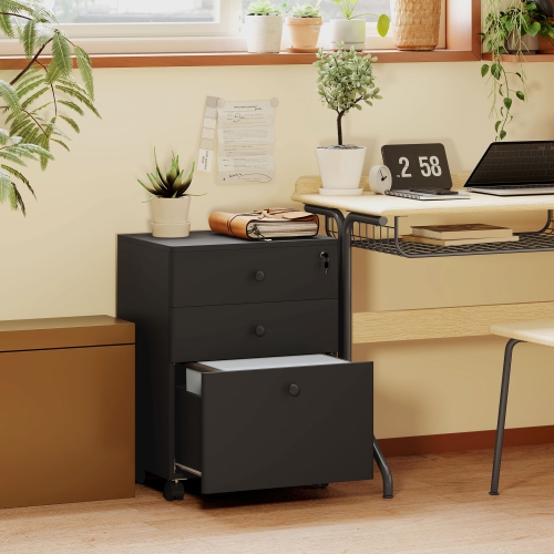 HOMCOM 3-Drawer Filing Cabinet with Lock, Vertical Mobile File Cabinet with Hanging Bar for A4, Letter-Size Files, Home Office, Black