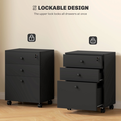 HOMCOM 3-Drawer Filing Cabinet with Lock, Vertical Mobile File Cabinet with Hanging Bar for A4, Letter-Size Files, Home Office, Black