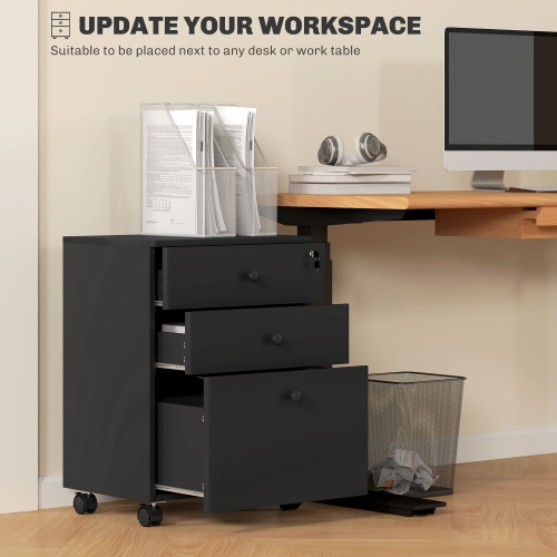 HOMCOM 3-Drawer Filing Cabinet with Lock, Vertical Mobile File Cabinet with Hanging Bar for A4, Letter-Size Files, Home Office, Black