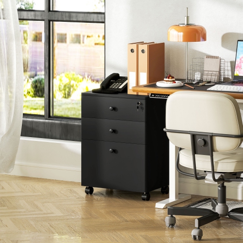 HOMCOM 3-Drawer Filing Cabinet with Lock, Vertical Mobile File Cabinet with Hanging Bar for A4, Letter-Size Files, Home Office, Black