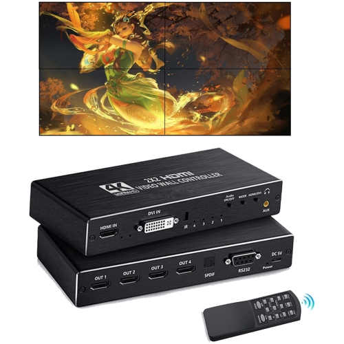 2x2 HDMI Video Wall Controller, 4K Seamless Splicing TV Wall Processor HDMI & DVI Input, 1080P HDMI Video Image Processor with RS232, Support 180°