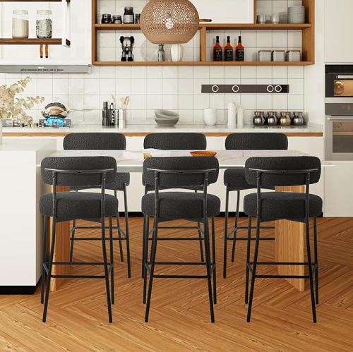 DYHOME Black Bar Stools Set of 6, 27 Inches Counter Height Bar Stools with Back, Modern Metal Legs Boucle Tall Bar Chairs for Kitchen Island