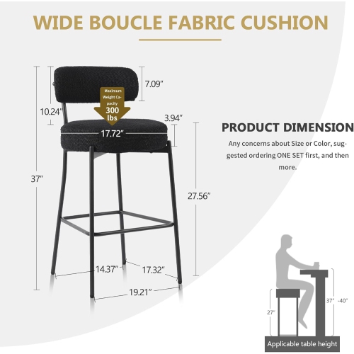 DYHOME Black Bar Stools Set of 6, 27 Inches Counter Height Bar Stools with Back, Modern Metal Legs Boucle Tall Bar Chairs for Kitchen Island