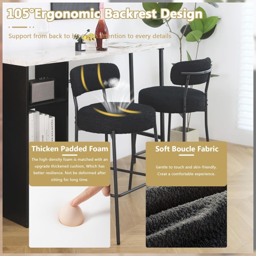 DYHOME Black Bar Stools Set of 6, 27 Inches Counter Height Bar Stools with Back, Modern Metal Legs Boucle Tall Bar Chairs for Kitchen Island