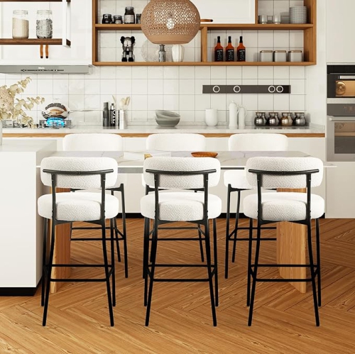 DYHOME White Bar Stools Set of 6, 27 Inches Counter Height Bar Stools with Back, Modern Metal Legs Boucle Tall Bar Chairs for Kitchen Island