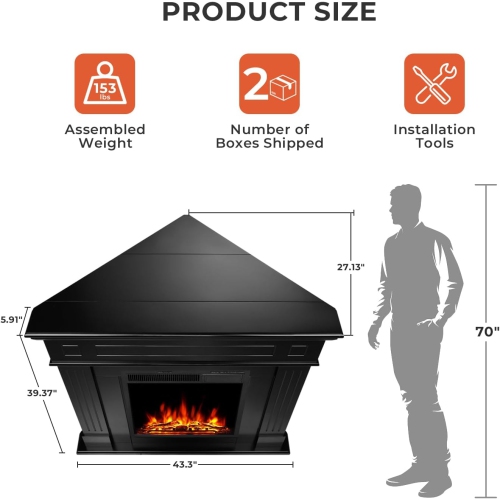 ZAFRO 43” Corner Electric Fireplace Mantel Wooden Surround Firebox, TV Stand with Freestanding Electric Fireplace, Remote Control, Adjustable Led