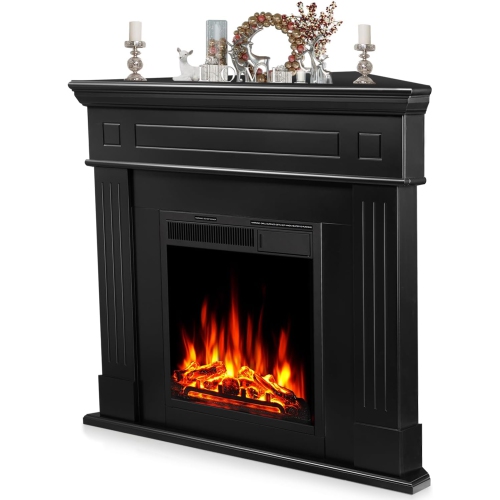 ZAFRO 43” Corner Electric Fireplace Mantel Wooden Surround Firebox, TV Stand with Freestanding Electric Fireplace, Remote Control, Adjustable Led