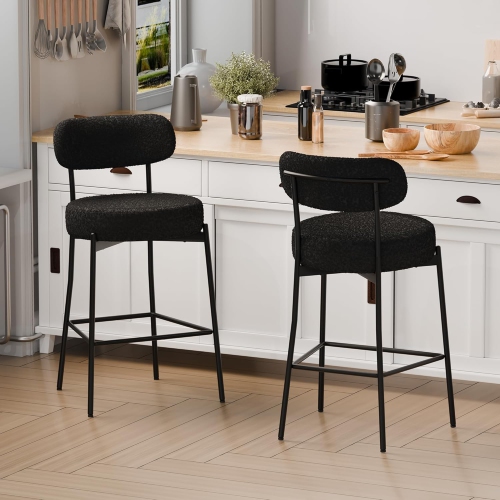 Image 1 of 7.. DYHOME Bar Stools Set of 2, 27 Inches Black Boucle Counter Height Bar Stools with Back, Modern Metal Barstools for Kitchen Island