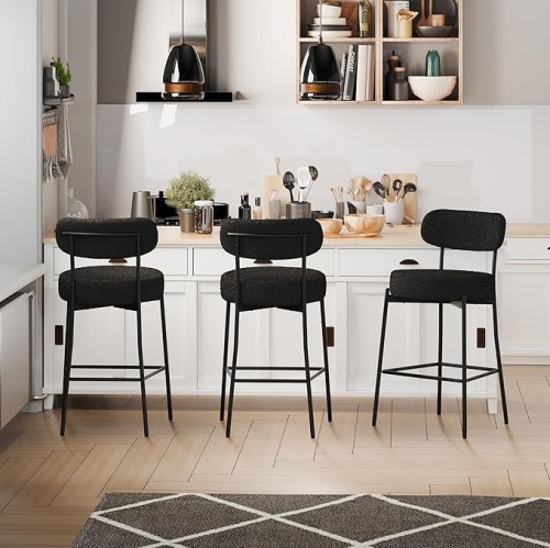 DYHOME Black Bar Stools Set of 3, 27 Inches Boucle Counter Height Bar Stools with Back, Modern Metal Tall Bar Stools for Kitchen Island