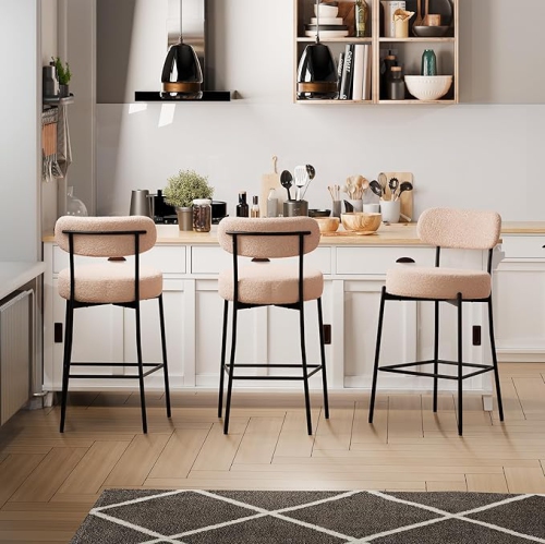 DYHOME Bar Stools Set of 3, 27 Inches Counter Height Kitchen Bar Stools with Back, Modern Metal Tall Bar Stools for Kitchen Island, Light Brown