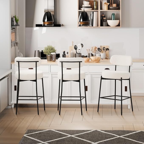 DYHOME White Bar Stools Set of 3, 27 Inches Boucle Counter Height Bar Stools with Back, Modern Metal Tall Bar Stools for Kitchen Island