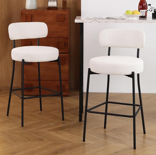 DYHOME White Bar Stools Set of 2, 27 Inches Boucle Counter Height Bar Stools with Back, Modern Metal Tall Bar Stools for Kitchen Island