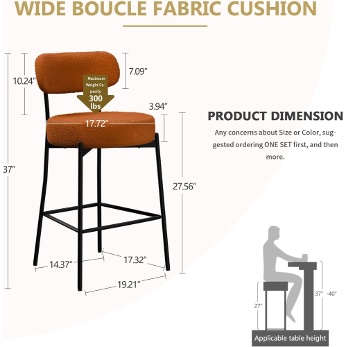 DYHOME Bar Stools Set of 2, 27 Inches Counter Height Kitchen Bar Stools with Back, Modern Metal Tall Bar Stools for Kitchen Island, Orange