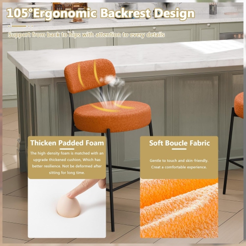 DYHOME Bar Stools Set of 2, 27 Inches Counter Height Kitchen Bar Stools with Back, Modern Metal Tall Bar Stools for Kitchen Island, Orange
