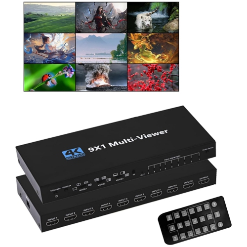 HDMI Quad Multi-Viewer Seamless Switcher 9 in 1 Out with IR Remote, Support 4K 30Hz, 10 Display Modes for Security Camera, Monitor, Gaming Consoles