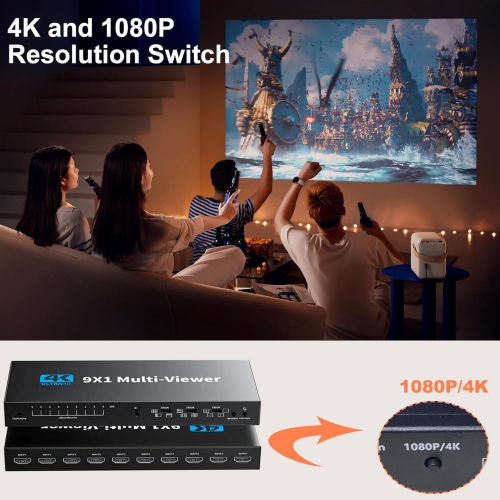 HDMI Quad Multi-Viewer Seamless Switcher 9 in 1 Out with IR Remote, Support 4K 30Hz, 10 Display Modes for Security Camera, Monitor, Gaming Consoles