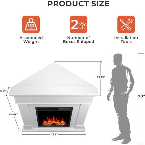 ZAFRO 43” Corner Electric Fireplace Mantel Wooden Surround Firebox, TV Stand with Freestanding Electric Fireplace, Remote Control, Adjustable Led