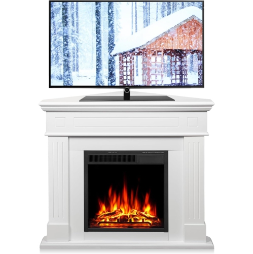 ZAFRO 43” Corner Electric Fireplace Mantel Wooden Surround Firebox, TV Stand with Freestanding Electric Fireplace, Remote Control, Adjustable Led