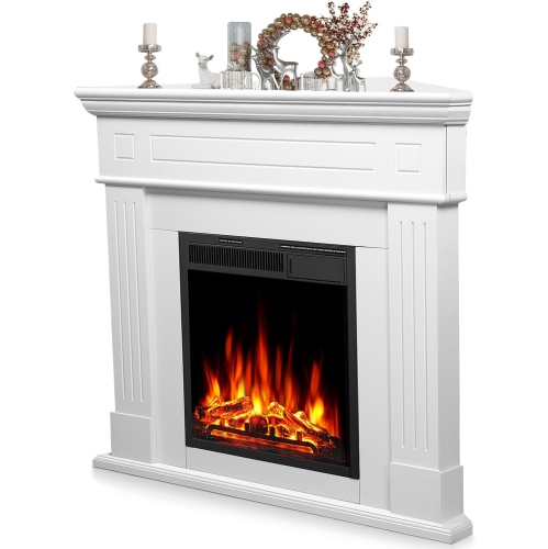 ZAFRO 43” Corner Electric Fireplace Mantel Wooden Surround Firebox, TV Stand with Freestanding Electric Fireplace, Remote Control, Adjustable Led