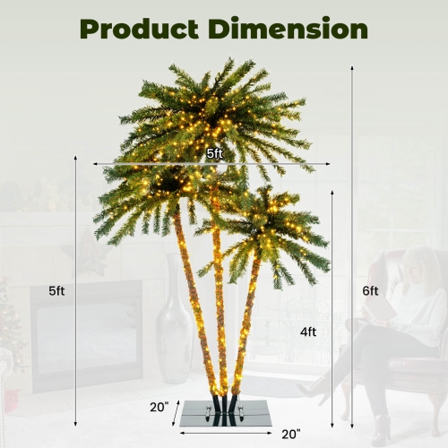 Costway 6 FT 3 Trunks Lighted Palm Tree 930 LED Light up Simulation Tropical Palm Tree
