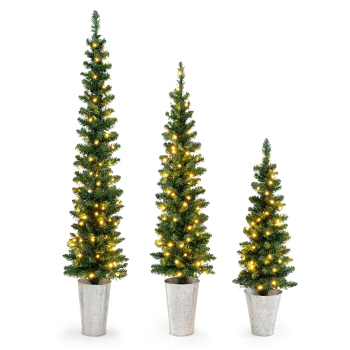 COSTWAY  Set Of 3 Pre-Lit Artificial Christmas Trees With 423 Branch Tips 3, 4, 5 Ft