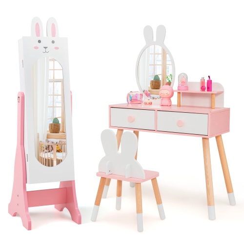 Costway Kids Vanity Set Princess Makeup Dressing Table and Chair Set with Jewelry Armoire