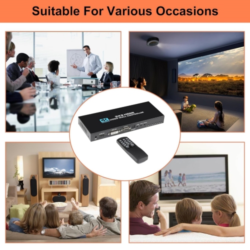 3x3 HDMI Video Wall Controller, 4K Seamless Splicing TV Wall Processor HDMI & DVI Input, 1080P HDMI Video Image Processor with RS232, Support 180°