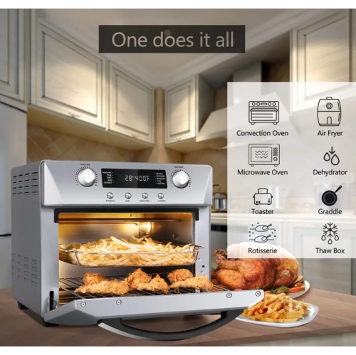 Air Fryer Oven Countertop, 10-in-1 Convection Oven, 24QT Combo Countertop Toaster Oven With Rotisserie & Dehydrator, Rich Accessories, Silver