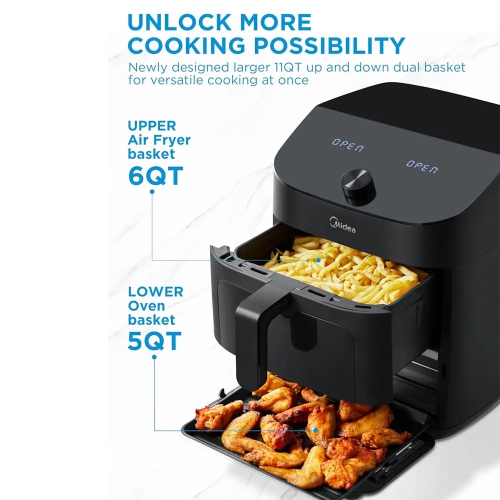 Refurbished Excellent- Midea Dual Basket Air Fryer Oven 11 Quart 8 in 1 Functions