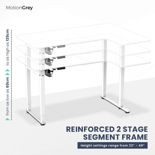 MotionGrey Ergo2 Pro - Bureau debout électrique droit ajustable en L avec réglages de mémoire - Cadre blanc supérieur 63 x 43&nbsp;po - Bureau