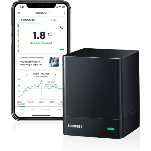 Digital Radon Detector EQ100 EcoQube for Fast Detection of Fluctuating Levels, Offering Short and Long-Term Continuous Monitoring with Trend Charts a