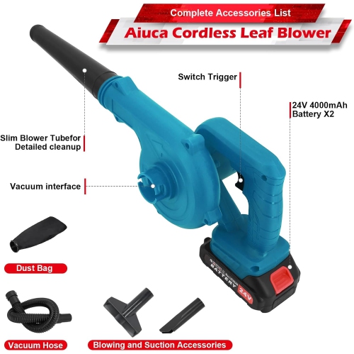 Cordless Leaf Blower, 24V Electric Model with 2 Pack Batteries and Charger; 2-in-1 Handle for Blowing and Vacuuming, Ideal for Lawn Care, Patio, Gara