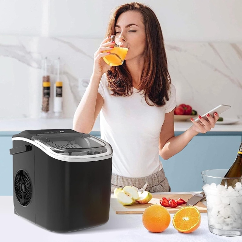 ZAFRO Portable Countertop Ice Maker Machine with Handle, 6Mins/9 Pcs ice Cubes, 26Lbs/24H, Self-Cleaning Function with Ice Scoop and Basket for