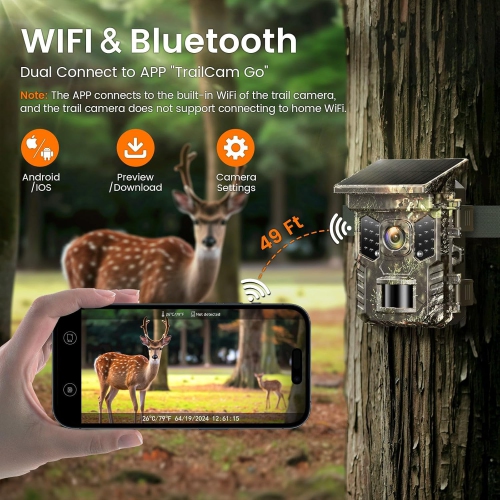 Solar Trail Camera with WiFi & Bluetooth, 32MP 2.7K Game Camera with Night Vision, Motion Activation with 0.2s Trigger, IP66 Waterproof, 22 Low Glow