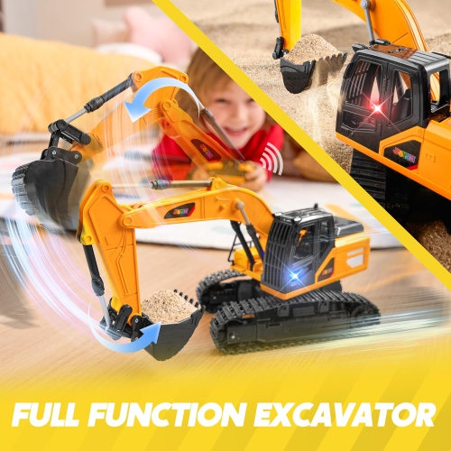 Remote Control Excavator Toys for Boys, 2.4GHz RC Excavator with Lights, Construction Toy for Kids Aged 3-12. Birthday Gift for Children Aged 3-5, 4-